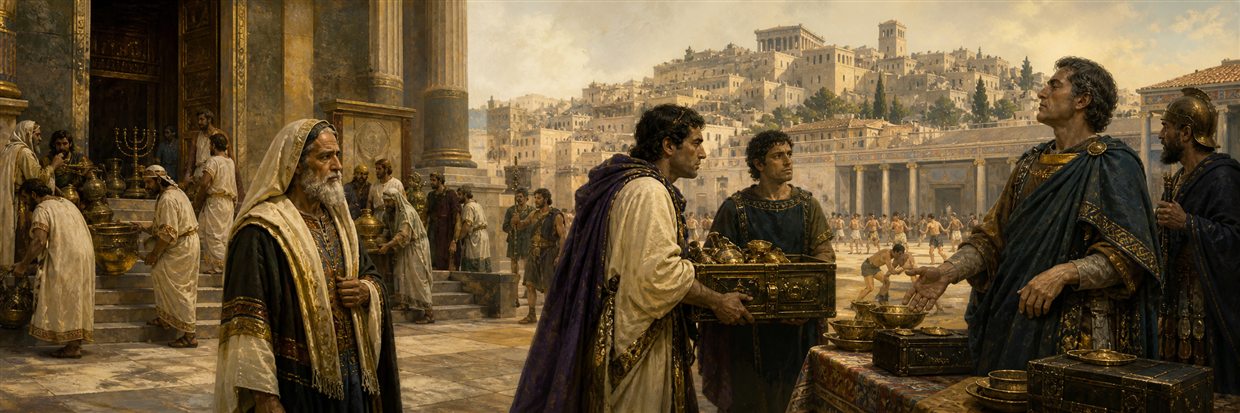 Onias watches with concern as rivals offer royal treasure for priestly office and temple vessels are secretly removed